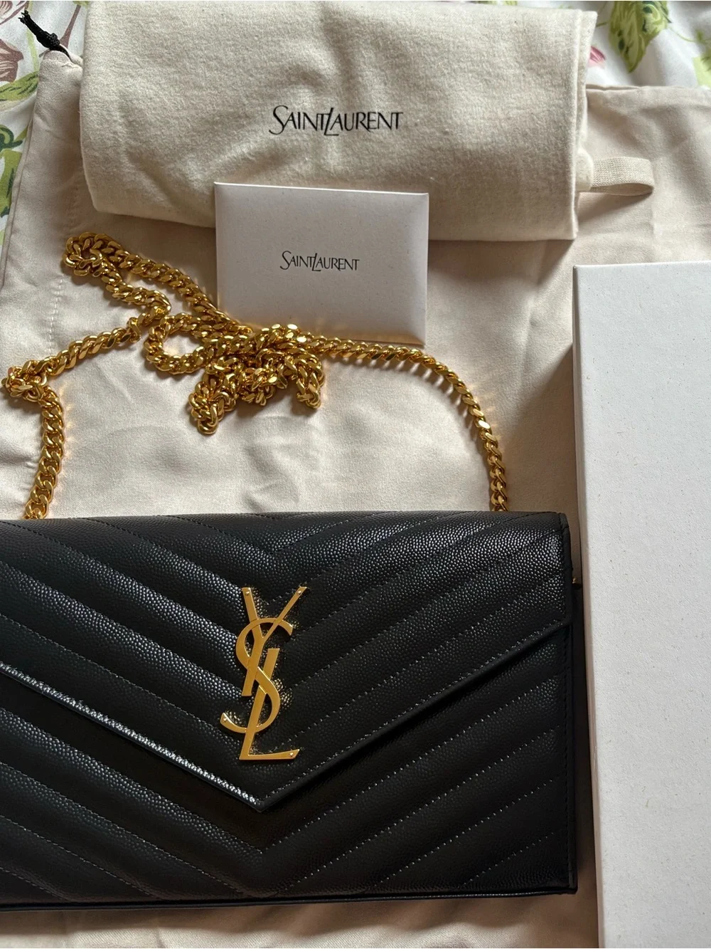Saint Laurent Black Quilted Leather Crossbody with Gold YSL Chain